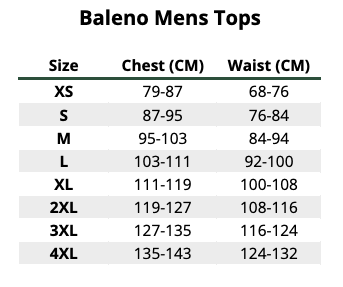 2025 Baleno Mens Tops  Size Chart